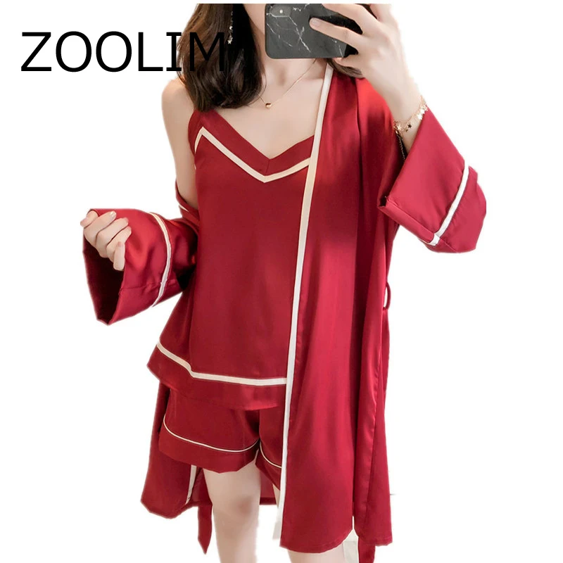 

ZOOLIM Autumn Satin Sleepwear Sexy Women Pajamas Sets Ladies Pijama Women's Pajamas with Shorts 3 Pieces Silk Pyjama Women