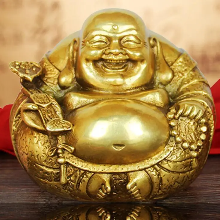 

Chinese Fengshui Brass Copper Ruyi Wealth Happy Laugh Maitreya Buddha Statue