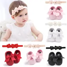 Милая обувь для новорожденных девочек с мягкой подошвой, Нескользящие кроссовки, обувь принцессы с бантом, обувь с повязкой на голову, 0-18 месяцев