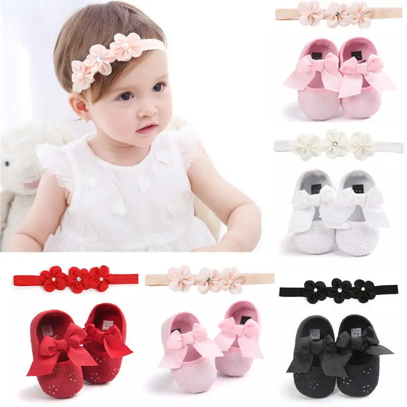 

Cute Newborn Baby Girl Soft Sole Crib Shoes Anti-slip Sneaker Prewalker Princess Bowknot Shooes First Walker With Headband 0-18M