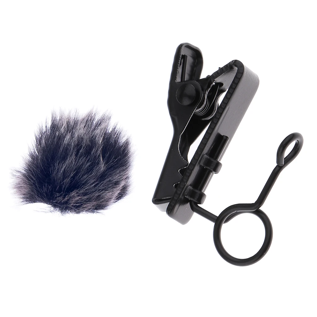 Black Mini Microphone Lapel Tie Clip Holder + Microphone MIC Fur Cover Windshield Windmuff