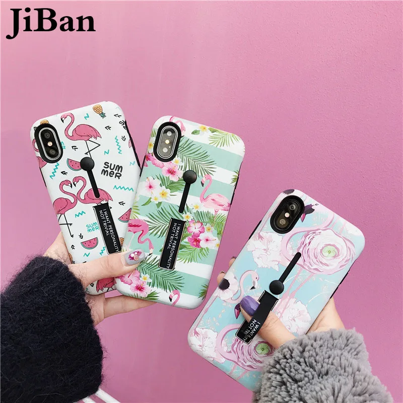 JiBan Fashion Flamingo Case For iPhone X Cover Cute Pink Vintage Soft Finger Ring Animal Back Phone Shell 6s 7 8 plus |
