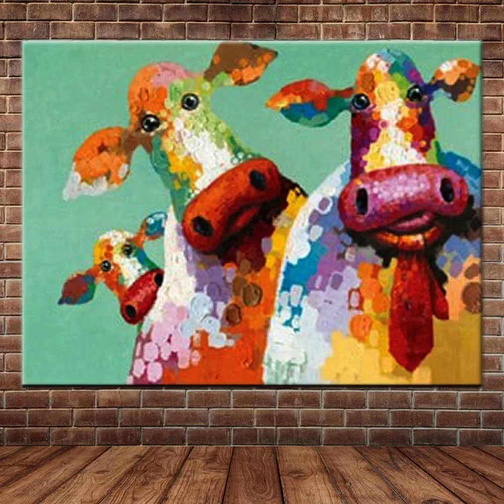 

Hand Painted Abstract Animals Art Canvas Cow Cartoon Oil Painting Animal Cow Wall Picture Living Room Bedroom Home Wall Decor