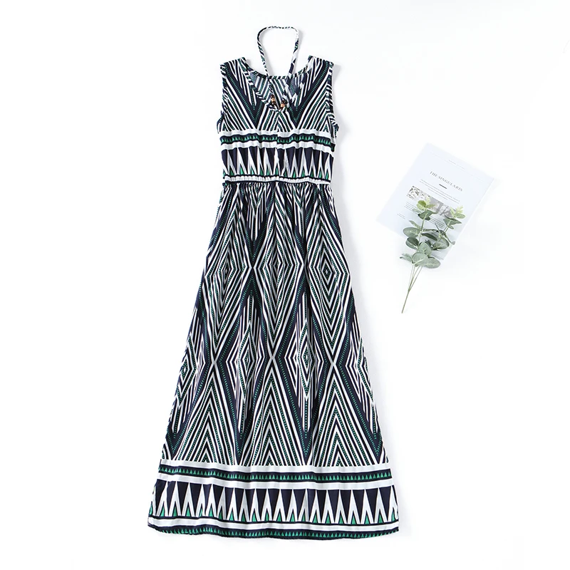 

Summer New Vintage Ladies Fashion Blending Bohemia Printed Halter V-neck Mid-calf Dress Women Beading A-line Dress Free Shipping