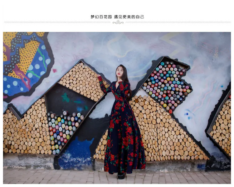 Stylish V-neck Long Sleeve Tie-waist Big Hem Print Dress (10)