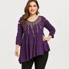 Wipalo размера плюс вышивка измельчение рваные Асимметричная футболка Женская О-образный вырез три четверти длинная футболка Женские топы большой размер