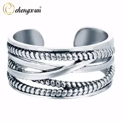 CHENGXUN серебро Цвет Винтаж коктейльные кольца для женщины 925 пробы слоев серебра линии Ретро Стиль окисленного Регулируемый кольцо