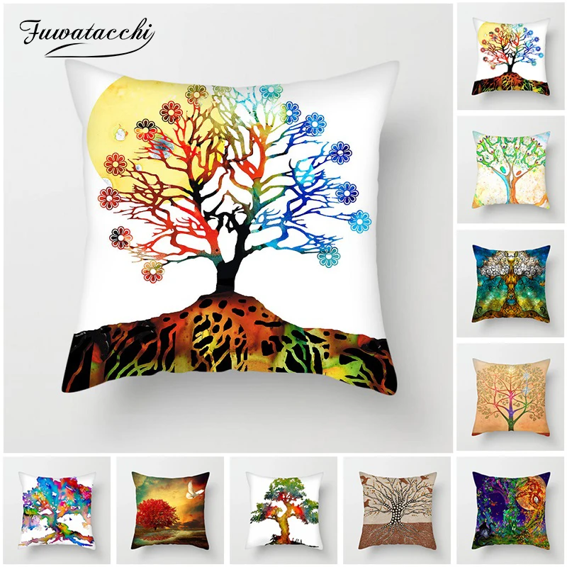 

Fuwatacchi Hand-Painted Life Tree Cushion Covers Colorful Trees Pillow Covers for Sofa Car Home Decorative New White Pillowcase