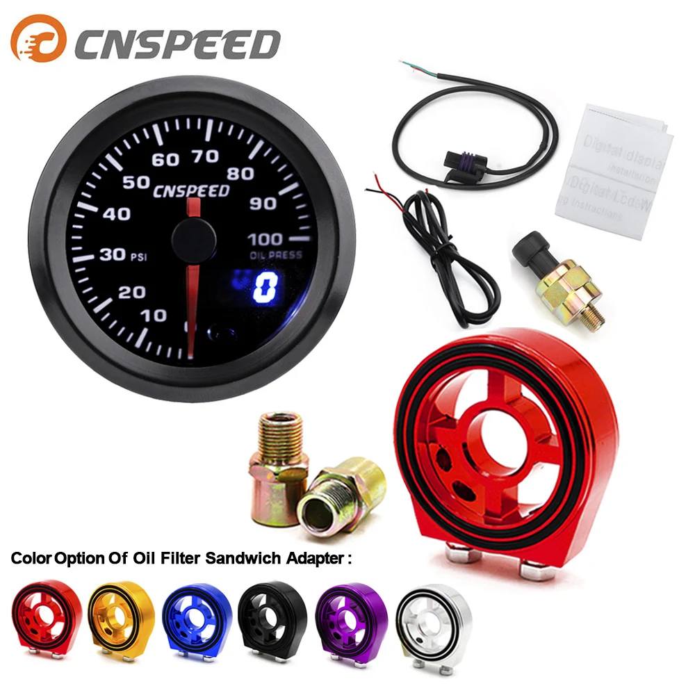 

2" 52mm 7 Colors LED Car Auto Oil Pressure Gauge 0-100 PSI Digital Dual Display Car Meter Oil Filter Sandwich Plate Adapter