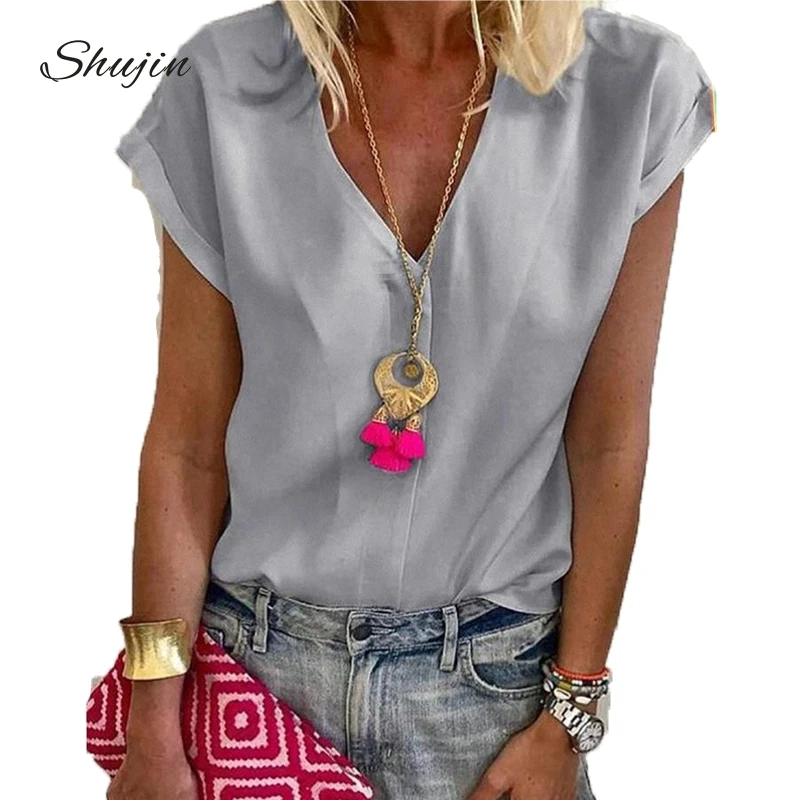 

SHUJIN 2019 Women Shirt Chiffon Blusas Femininas Tops Short Sleeve Ladies Formal Office Tee Plus Size Chiffon Shirt Clothing