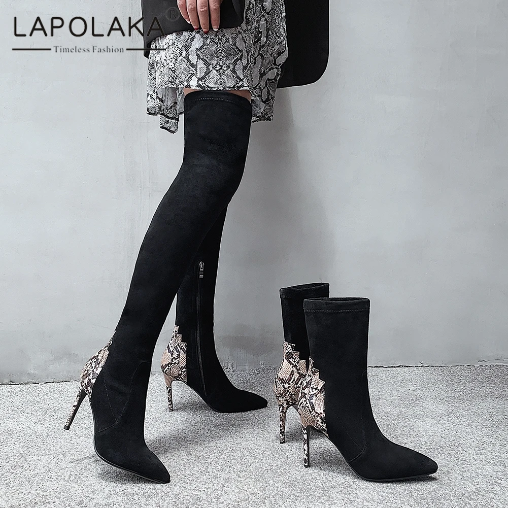 

Lapolaka Stretch Genuine Leather Flock Sexy Thin High Heels Ankle Boots Or Over The Knee Boots Women Shoes Woman