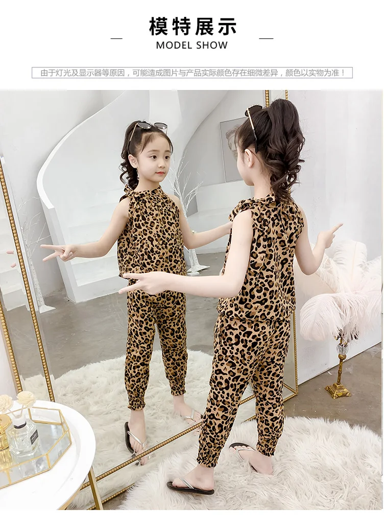 Conjuntos de Roupas Leopardo sem Mangas Camiseta + Calças Novas Crianças Verão Meninas Esportes Conjunto 2 Peças Roupas 4 6 8 10 12 13 Anos 2020 5 High Quality Mamãe e Bebê