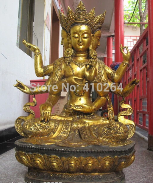 

Huge Tibet Bronze Gild"3 Face 8 Arm "Dragon Kwan-yin Buddha Bodhisattva Statue