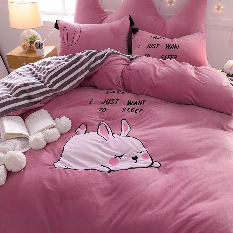 Белый розовый мультфильм кролик вышивка мягкий флис ткань набор постельных принадлежностей для девочек Фланель пододеяльник кровать юбка наволочка Корона спинки