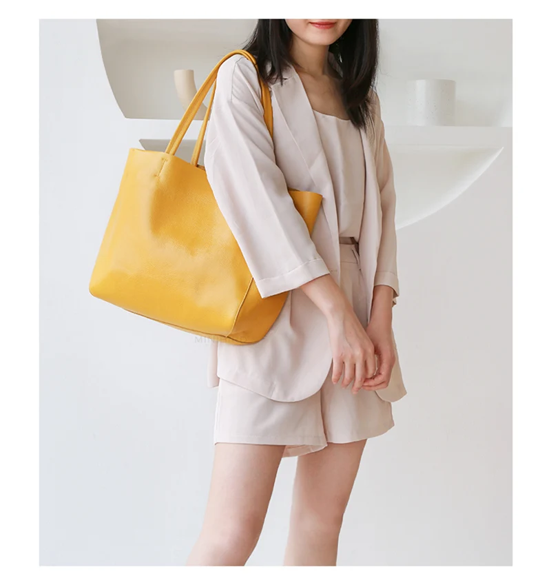 Women Luxury Bag Casual Tote Female Lemon Yellow Fashion Shoulder Handbag Lady Cowhide Genuine Leather Shoulder Shopping Bag