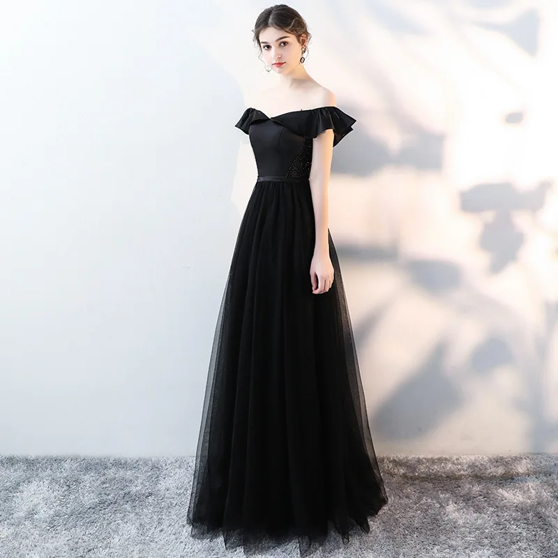 Черное платье с открытыми плечами и пайетками, с бисером, Vestidos De Festa, на шнуровке, с оборками, а-силуэта, Длинные вечерние платья, платья для выпускного вечера