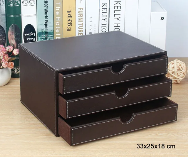 Office 3 Drawer Wooden Leather Desk A4 File Cabinet Drawer Box