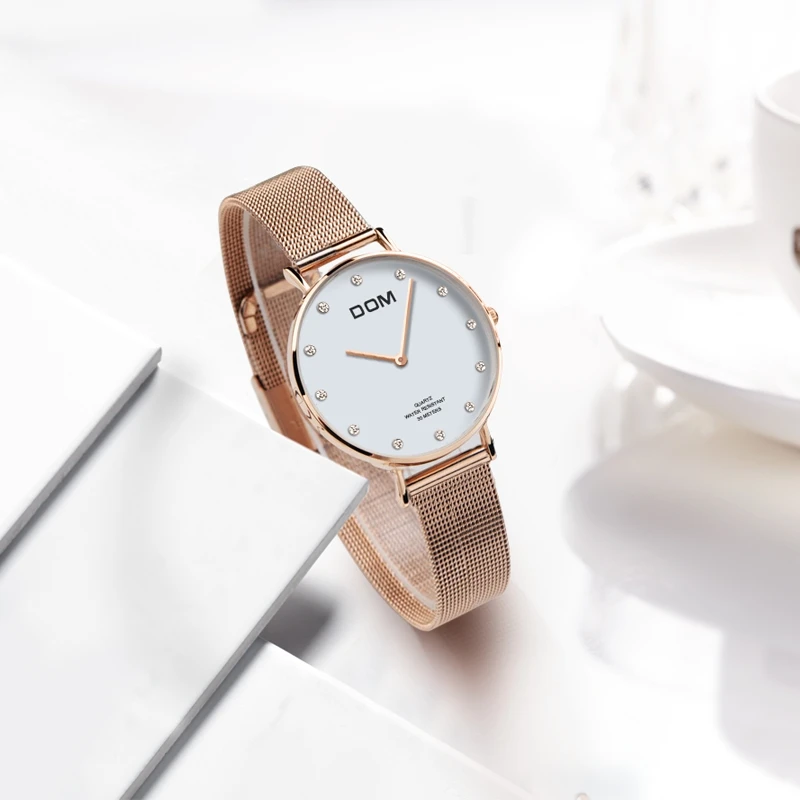 Женские часы DOM от ведущего бренда, Роскошные Кварцевые часы на каждый день, кварцевые часы с кожаным сетчатым ремешком, ультра тонкие часы, Relog G-36G-7M
