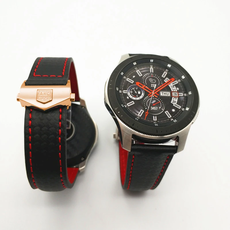 Rose gold Buckle Akgleader 20/22 мм ремешок для часов для Galaxy Watch 46mm углеродная волокна Стиль кожаный ремешок для наручных часов для samsung Шестерни S3 huawei GT плечевой ремень - Цвет ремешка: Rose gold Buckle