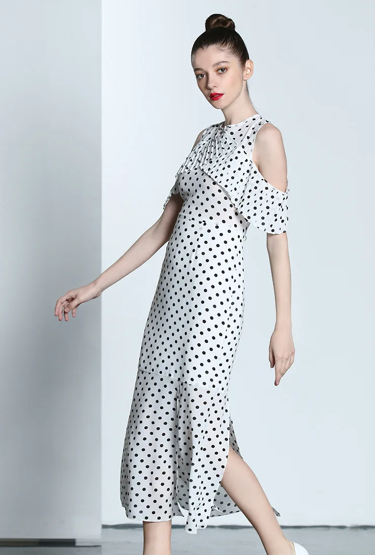 Высокая Quality2018 Летняя женская новая Винтаж летние платья Vestidos с узором в горошек с открытыми плечами Русалка Bodycon до середины икры Платье-футляр C1327