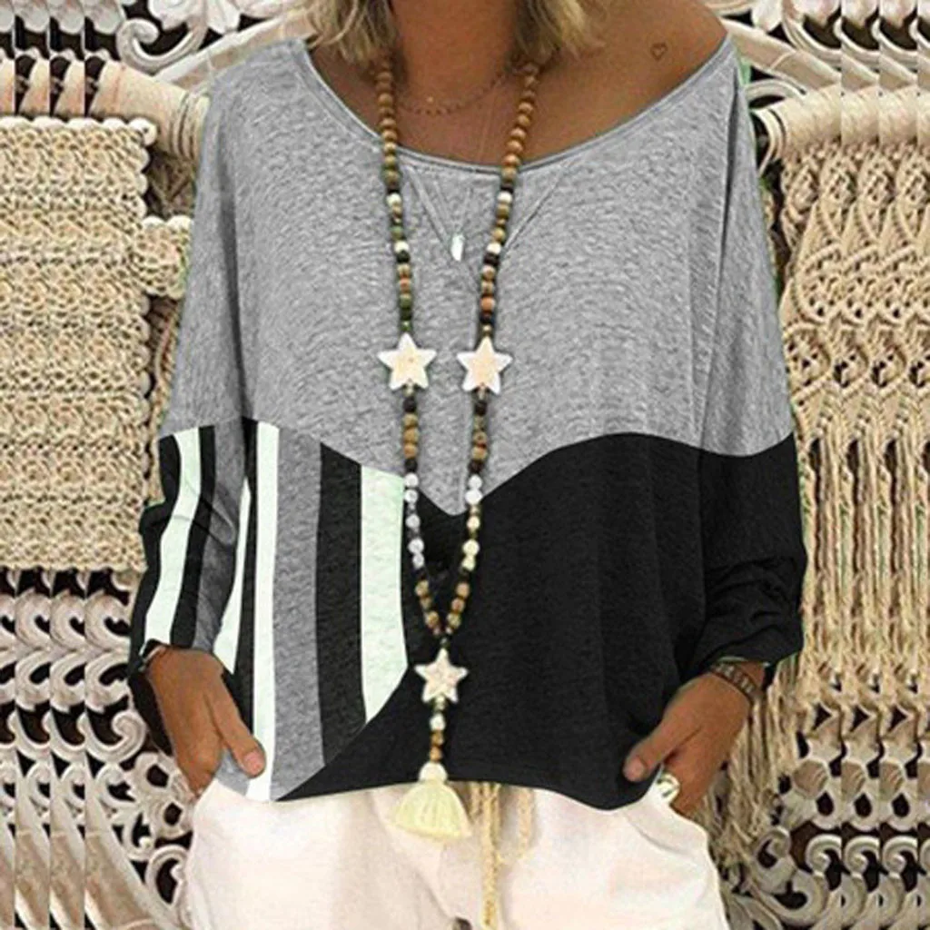 

Autumn New Fashion Women Casual Pactchwork Loose Round Neck Long Sleeve Color Matching Shirts Blouses блузка женская Z4