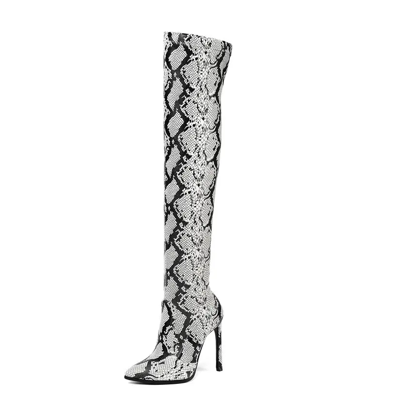 QUTAA/ г. Пикантные Сапоги выше колена на тонком высоком каблуке с острым носком модная женская обувь из искусственной кожи змеиной кожи на осень-зиму размер 34-43