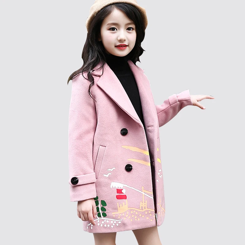 

Girls coat long thick children's wool coat big boy coat windbreaker gray red children's clothing