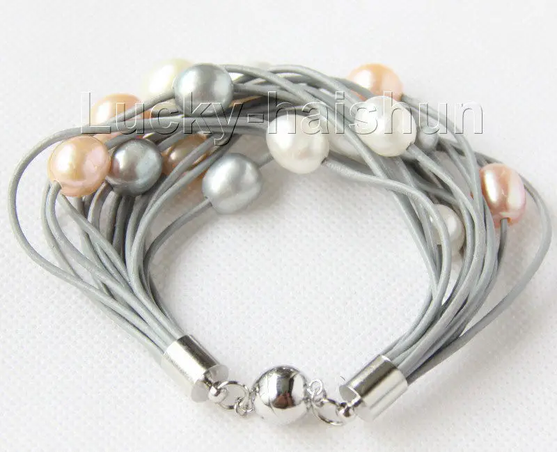 

Free Shipping >> new hot 8" 13mm 15row white gray pink purple pearls gray leather bracelet j9666