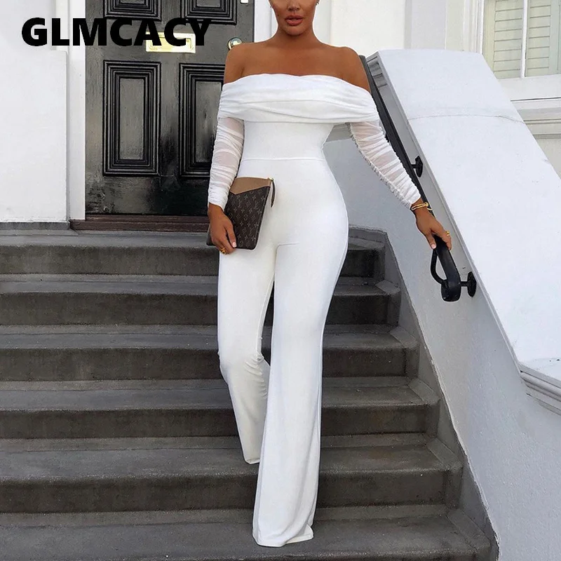 

Women Off Shoulder Mesh Insert Jumpsuit Elegant Slash Neck Bodycon Overalls Office Workwear Formal Party Jumpsuit Streetwear