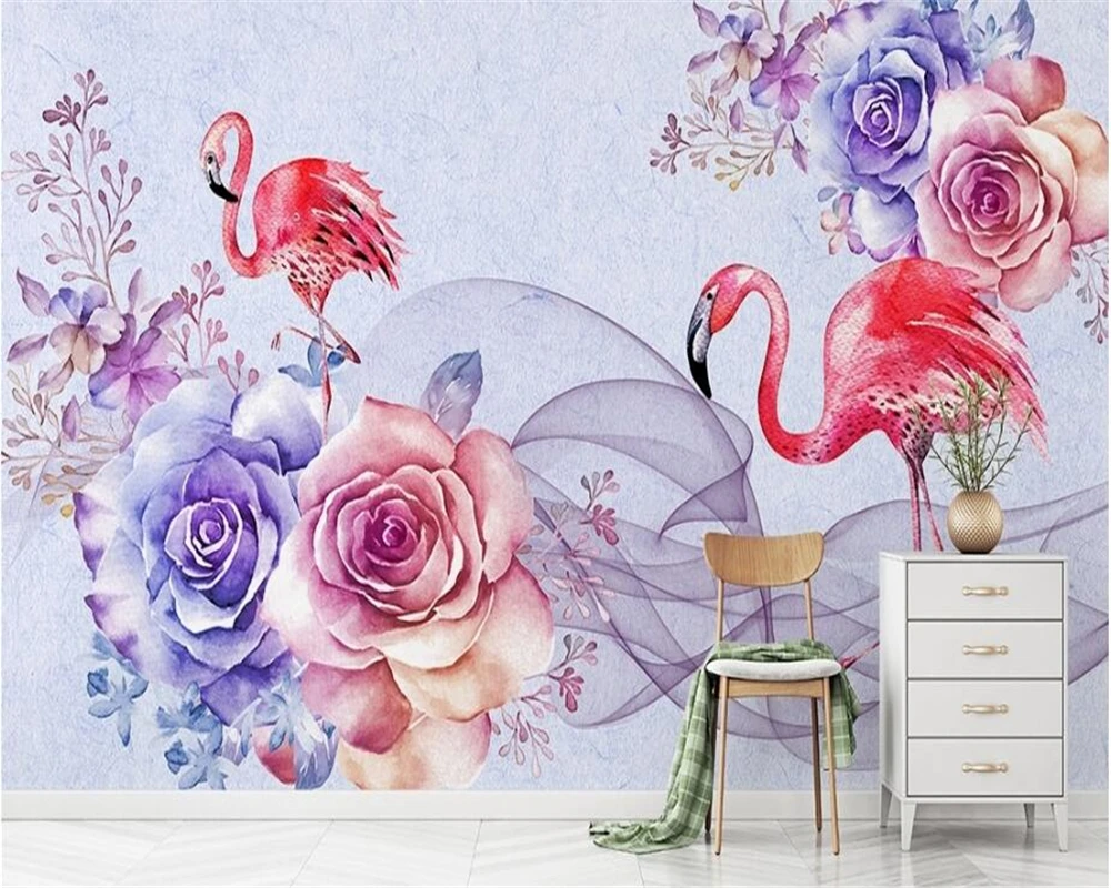 beibehang Classic three-dimensional wall paper Nordic romantic fresh watercolor Flamingo painted background 3d wallpaper behang shenghuajian one letter letter paper ancient style letterhead three lines of small script calligraphy small fresh