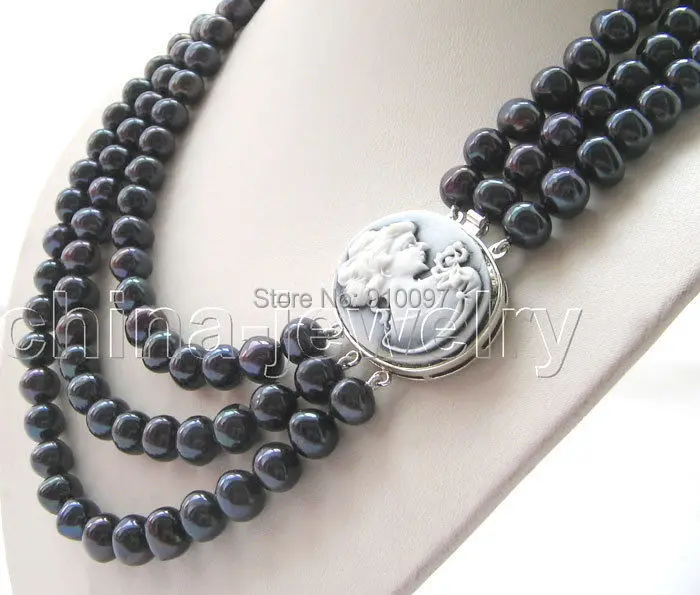 

LHX54013>>>3row 17 -19" 10 mm black round freshwater pearl necklace-cameo clasp