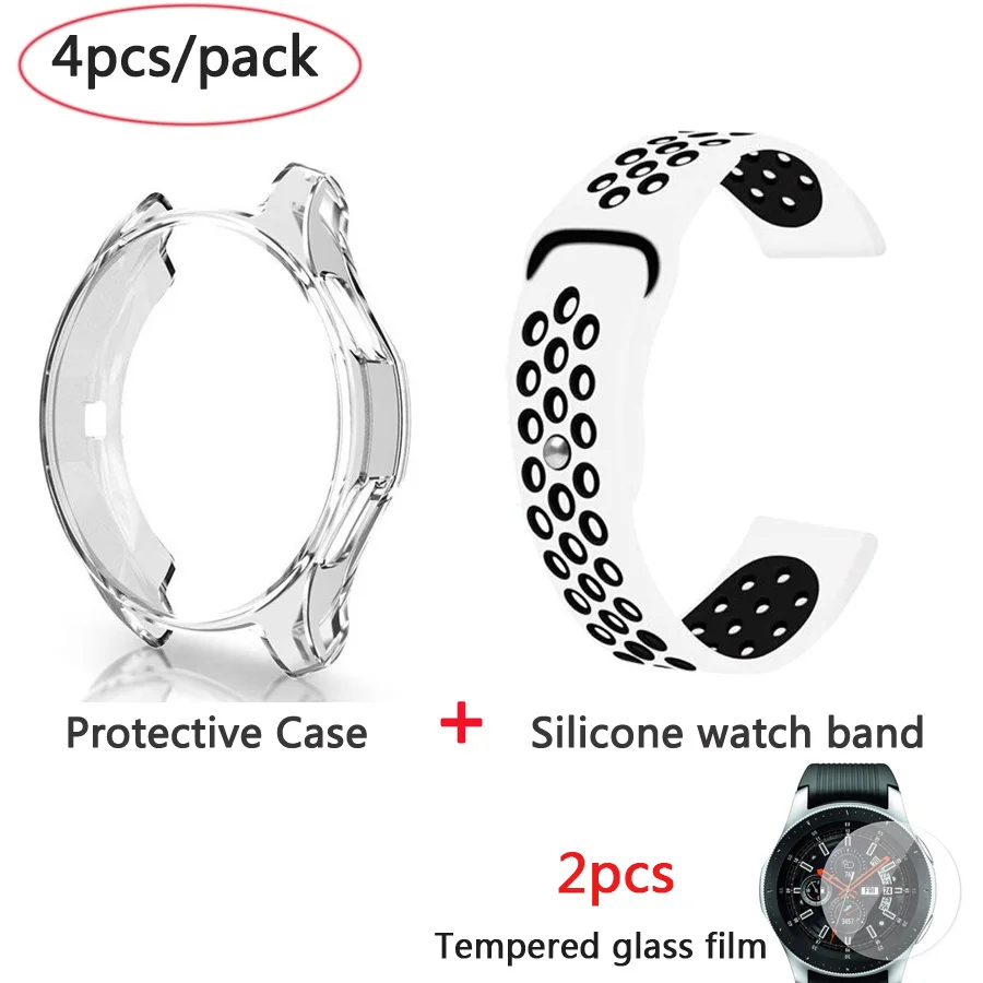 4в1 силиконовый ремешок для часов+ защитный чехол+ Закаленное стекло пленка для samsung galaxy Watch 42 46 мм ремешок для часов защитный чехол стеклянная пленка - Цвет: white black