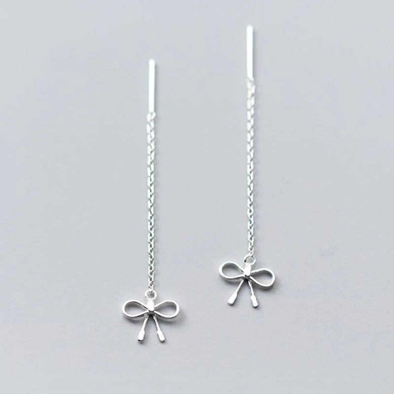

100% 925 Real Sterling Silver Cute Bow Drop 5.6CM Long Ear Line Tassel Earring For Fashion Women Girls Jewelry E7214