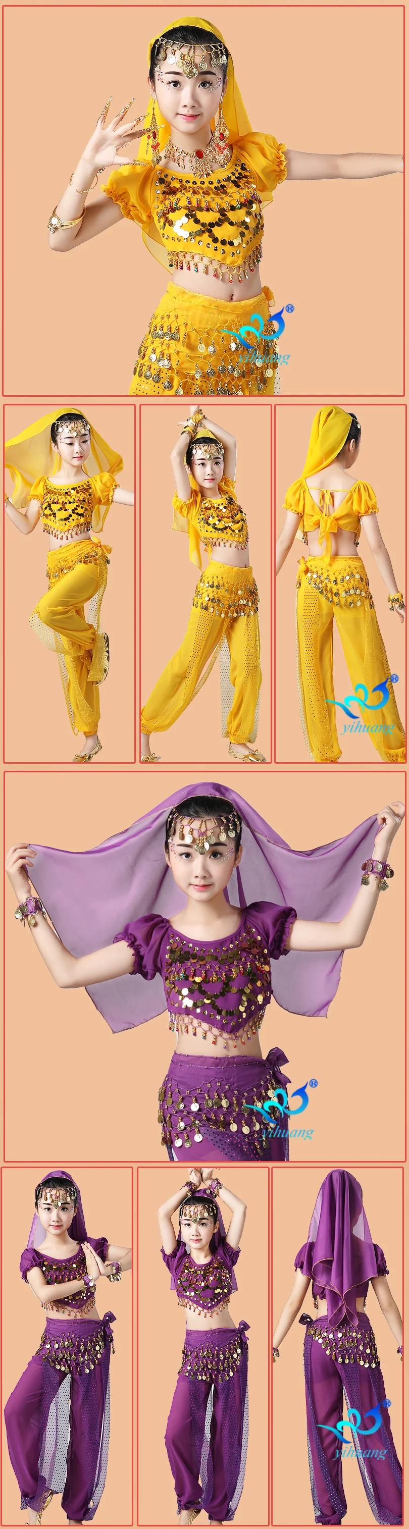 Блестками Индийский живота танцевальный костюм для выступлений комплект девушка Восточный Хэллоуин костюм детский шифоновый короткий рукав 6 цветов