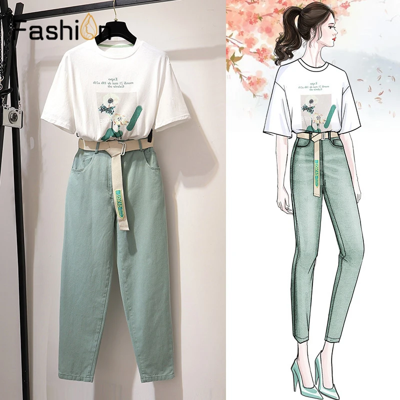 

Women Casual Floral Print T Shirts Pants with Belt Two Piece Set Suits Printed Loose T-shirt Denim Trousers Sets Women Tracksuit