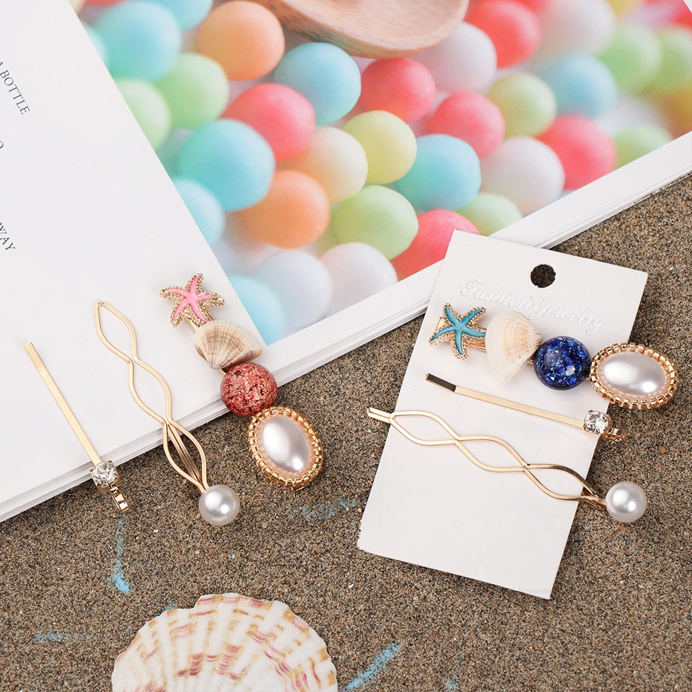 

New Fashion Women Pearl Hairpins Starfish Hair Clips Shell Barrettes Girl Hairgrip Wedding Party Hair Styling Accessories