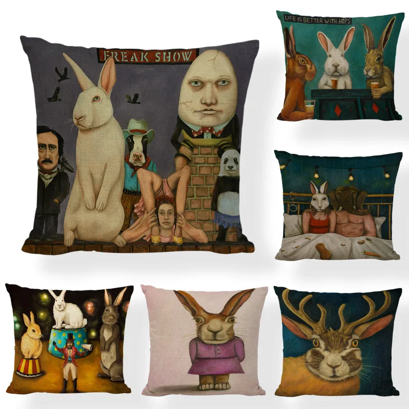 

Oil Painting Cushion Cover Rabbit Goat Bathub 43*43cm Elephant Panda Suit Cock Cow Pillow Case Living Room Office Couch Decorate