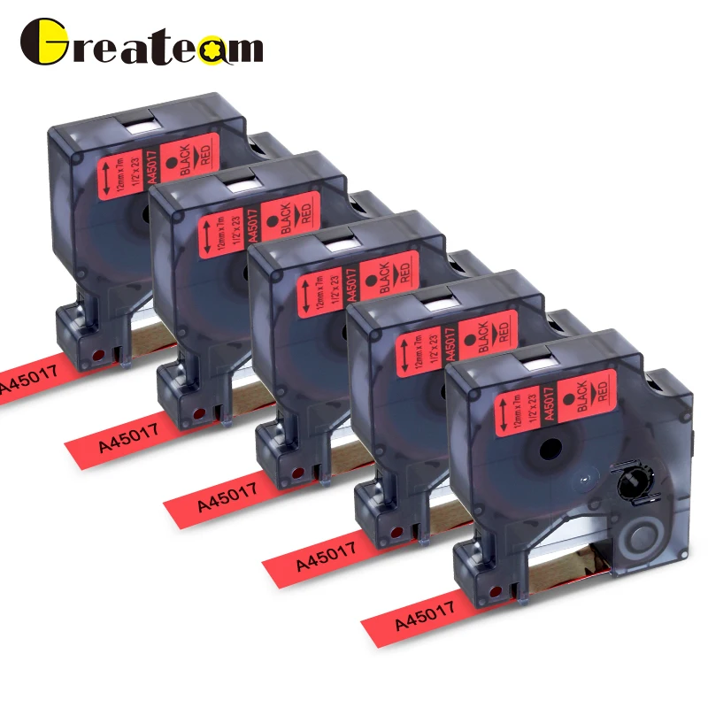 Greateam 5pcs/lot 45017 Compatible Dymo D1 S0720570 45017 Label Tape Black on Red for Dymo Label