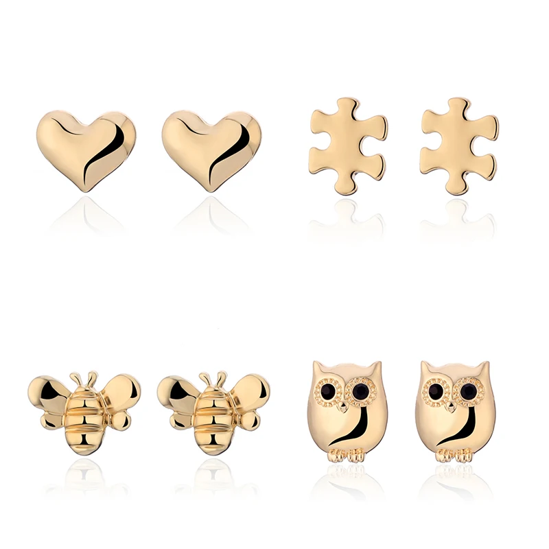 

Cute Stainless Steel Stud Earrings for Women Owl Bee Heart Puzzle Earrings Fashion Everyday Jewelry pendientes mujer moda 2019