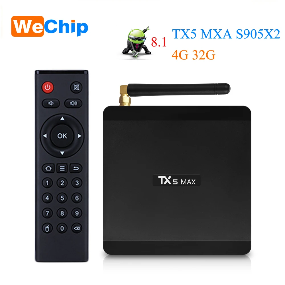

Wechip TX5 Max TV Box Android 8.1 Amlogic S905X2 LPDDR4 4G 32G Media Player 2.4G+5G Dual WiFi BT 4.2 1000M LAN 4K HD Set Top Box