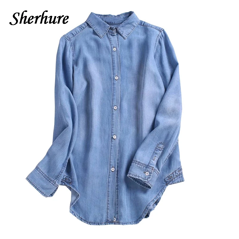

2019 Casual Shirts Women Long Sleeve Turn Down Collar Tencel Denim Shirts Solid Femme Blouse Blusa Loose Casual Tops For Women
