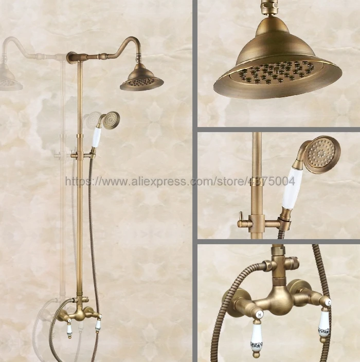 Antique Brass Bathroom Rainfall Shower Faucets Set Double Handle Mixer Tap Wall Mounted Bath Showers Sets Nan510