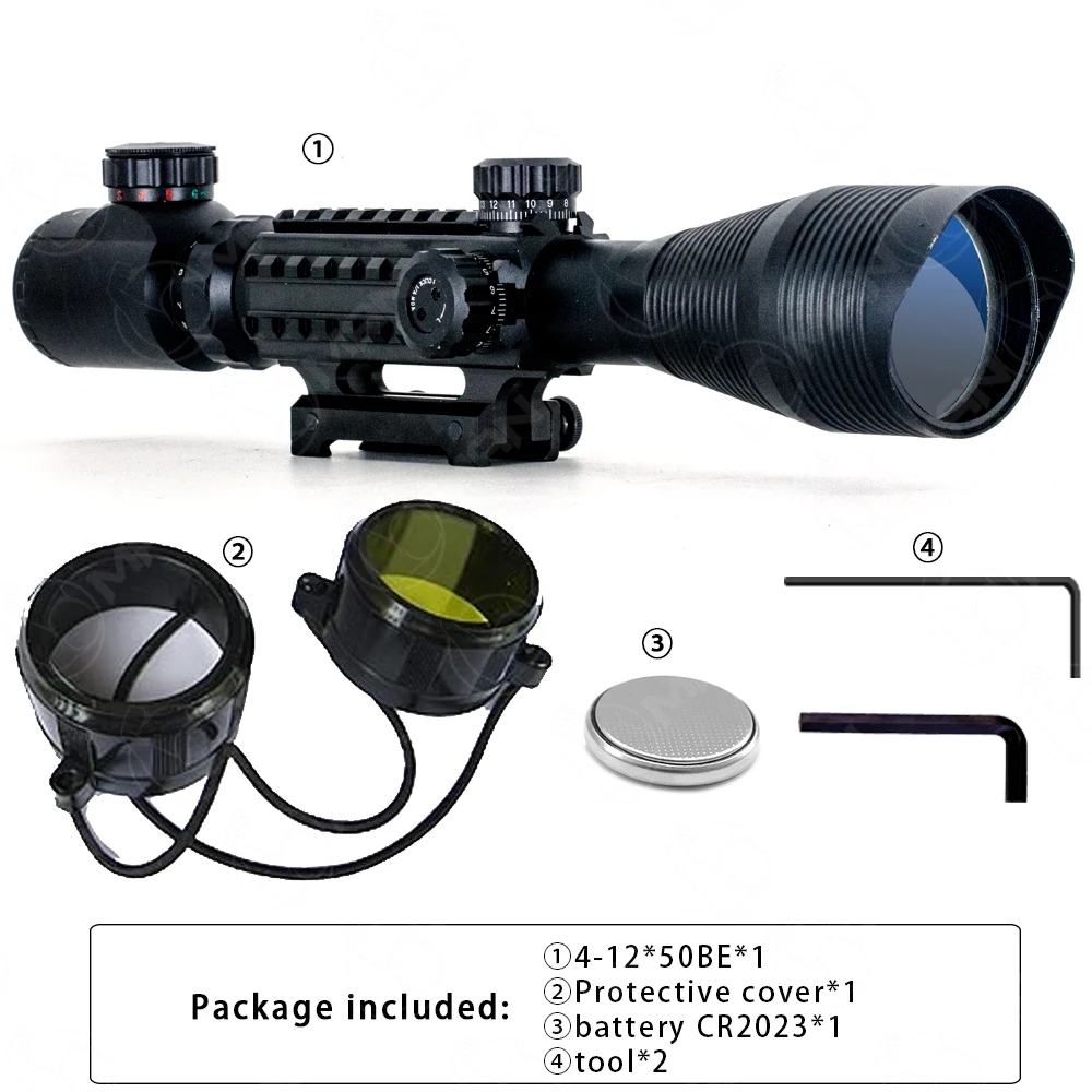 Long Range Optics C 4 12X50 EG Red Green Dual illuminated Gun Rifle Scope With Side Rails