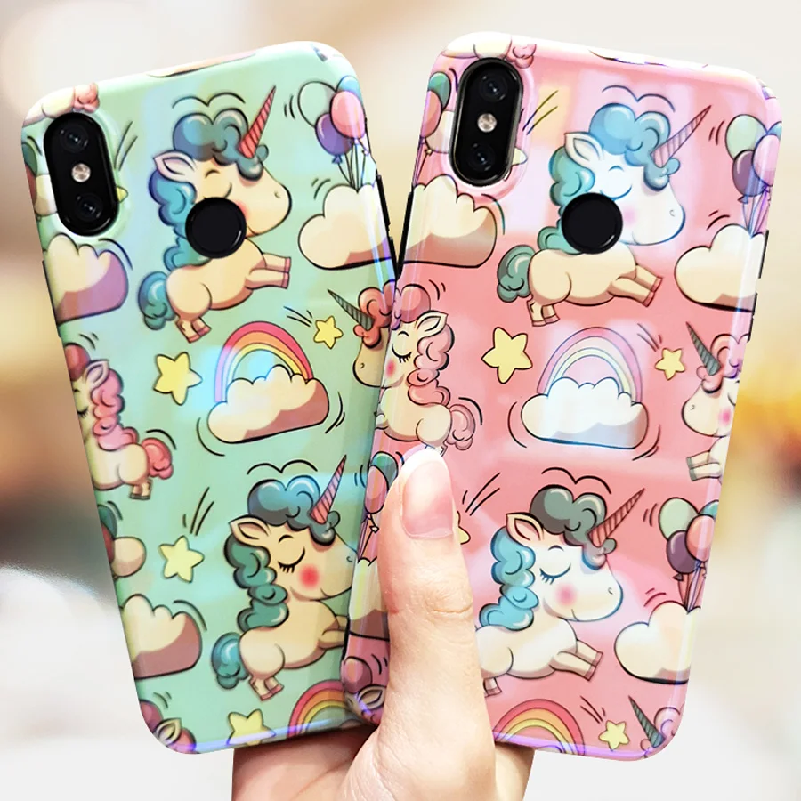 

cute 3d unicorn blue ray phone case for xiaomi mi 9 A2 8 mix 3 glossy tpu+pc hard back cover for xiaomi mi A2 case shell capa