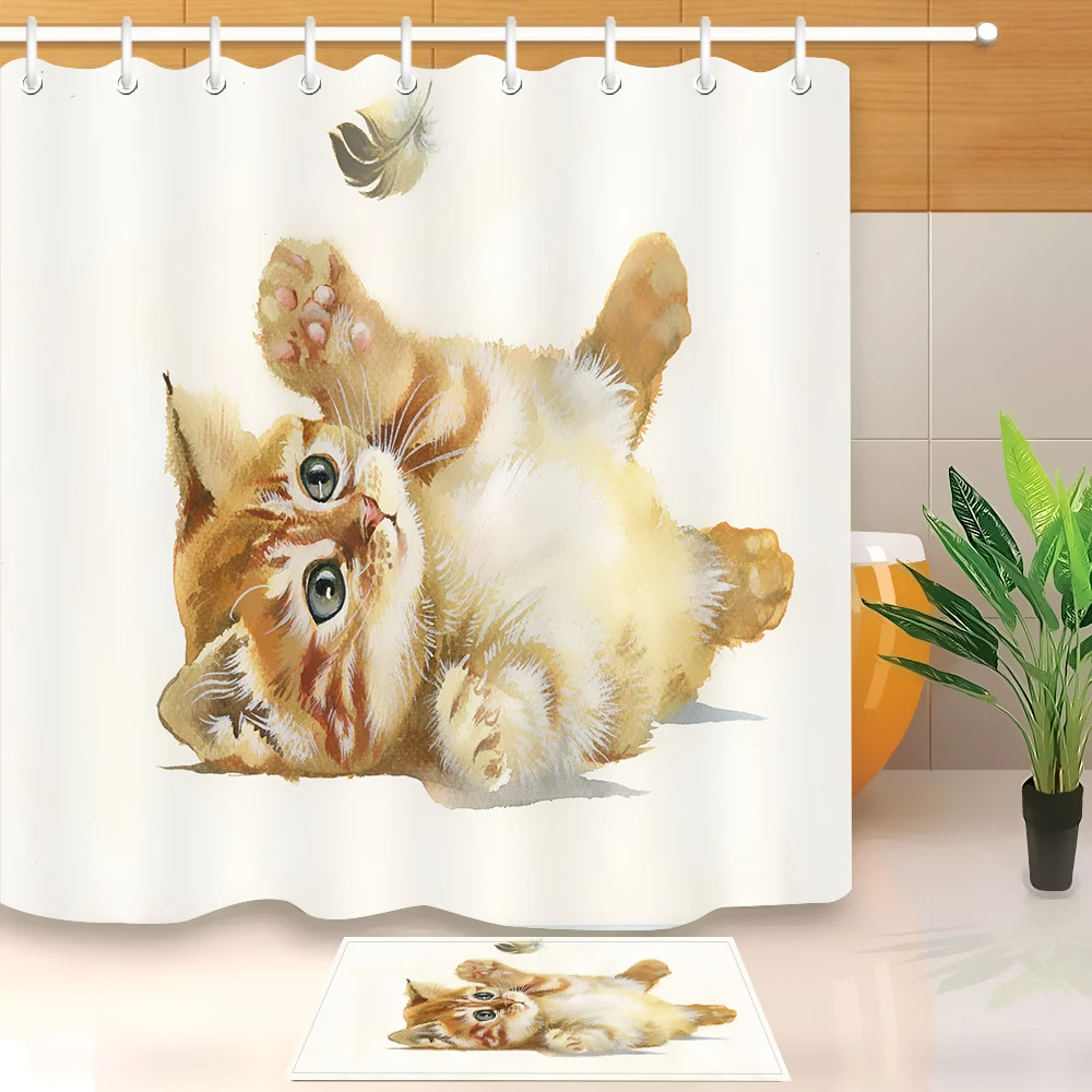 LB Watercolor Custom Animal Cute Kitten Cat And Feather White Shower