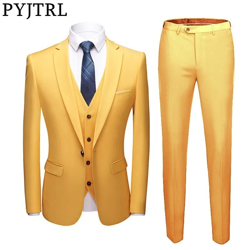

PYJTRL Men Fashion Three Pieces Set Business Casual Slim Fit Suits Wedding Groomsman Groom Colorful Dress Suit Costume Homme