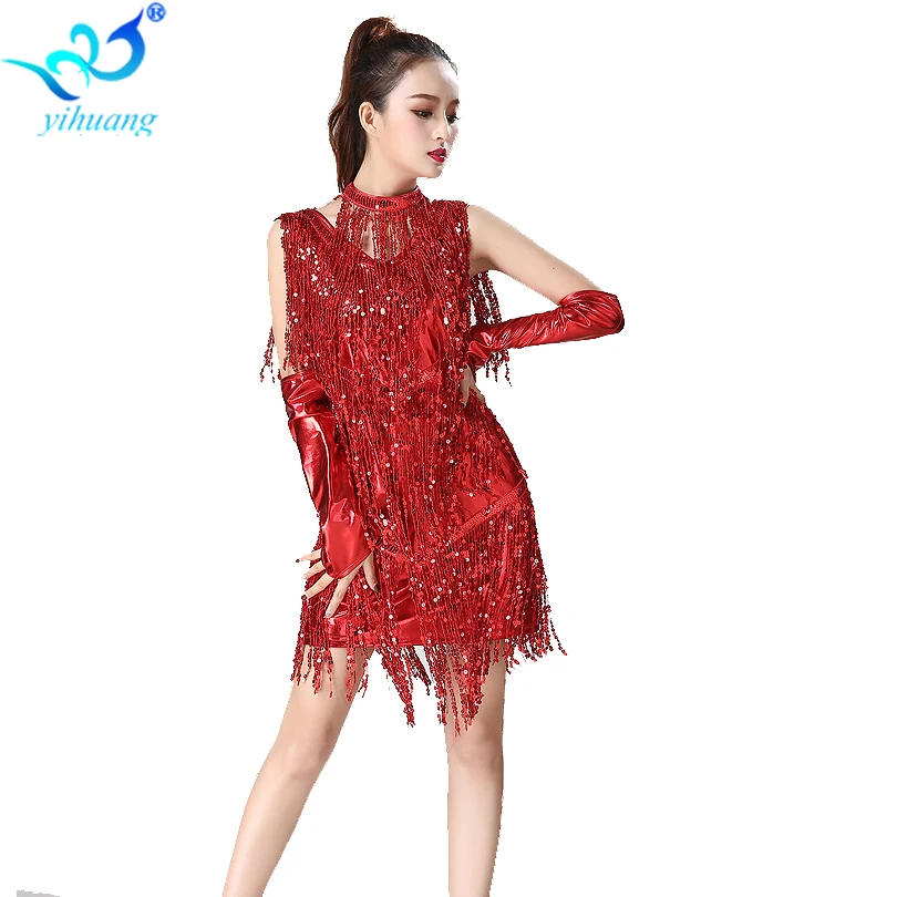 1920s Flapper Dress Gatsby Costume Charleston Party Sequin Outfit with Necklace and Gloves for Latin Dance Performance image 4