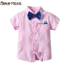 Рубашки для мальчиков с героями мультфильмов одежда с короткими рукавами для маленьких мальчиков с галстуком-бабочкой, розовая детская рубашка для мальчиков, лето, детские топы