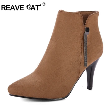 

REAVE CAT 2018 New Spring Autumn Flock Bowtie Short plush Frijnge Heels Pointed toe Ankle boots Women's shoes Bota feminina A755