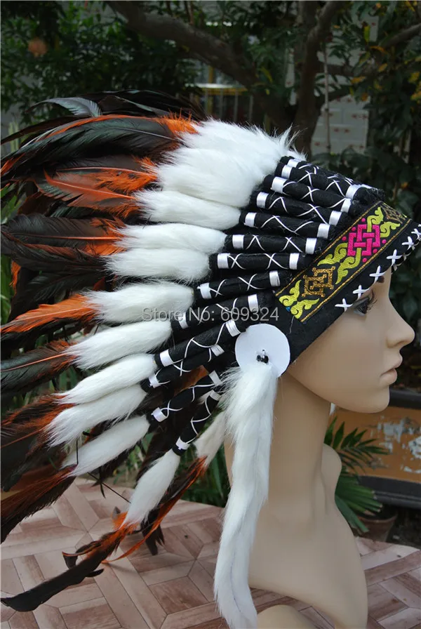 21inch High Indian Feather Headdress Replica Made Headband Of Orange